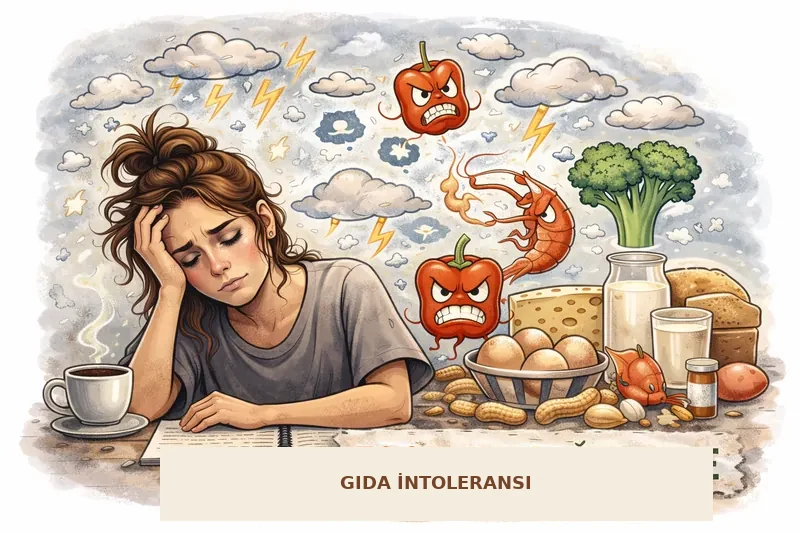 Odaklanmakta zorlanan kadın ve gıda intoleransını simgeleyen gıdalar